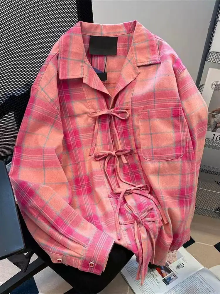 Sewing V - Y2k американская винтажная розовая клетчатая рубашка